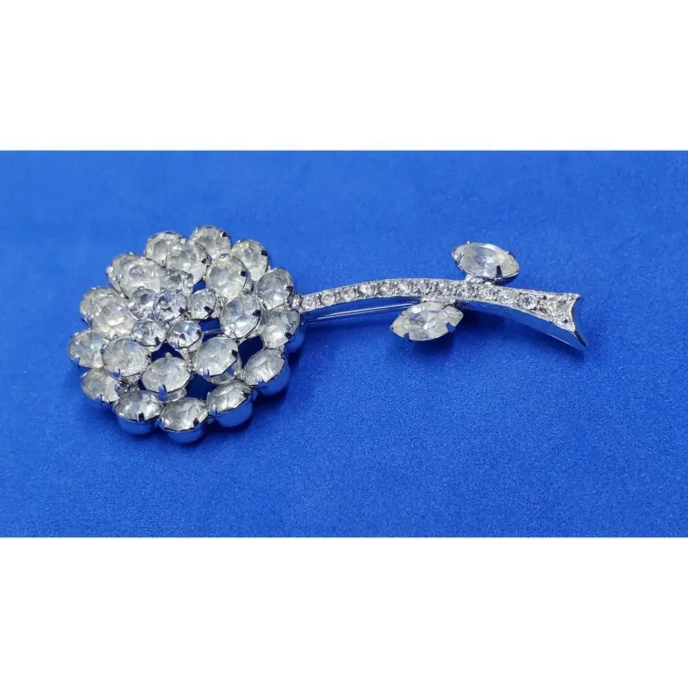 Vintage Signed Weiss Brooch Clear Rhinestone Flower Rose Long Stem Leaves